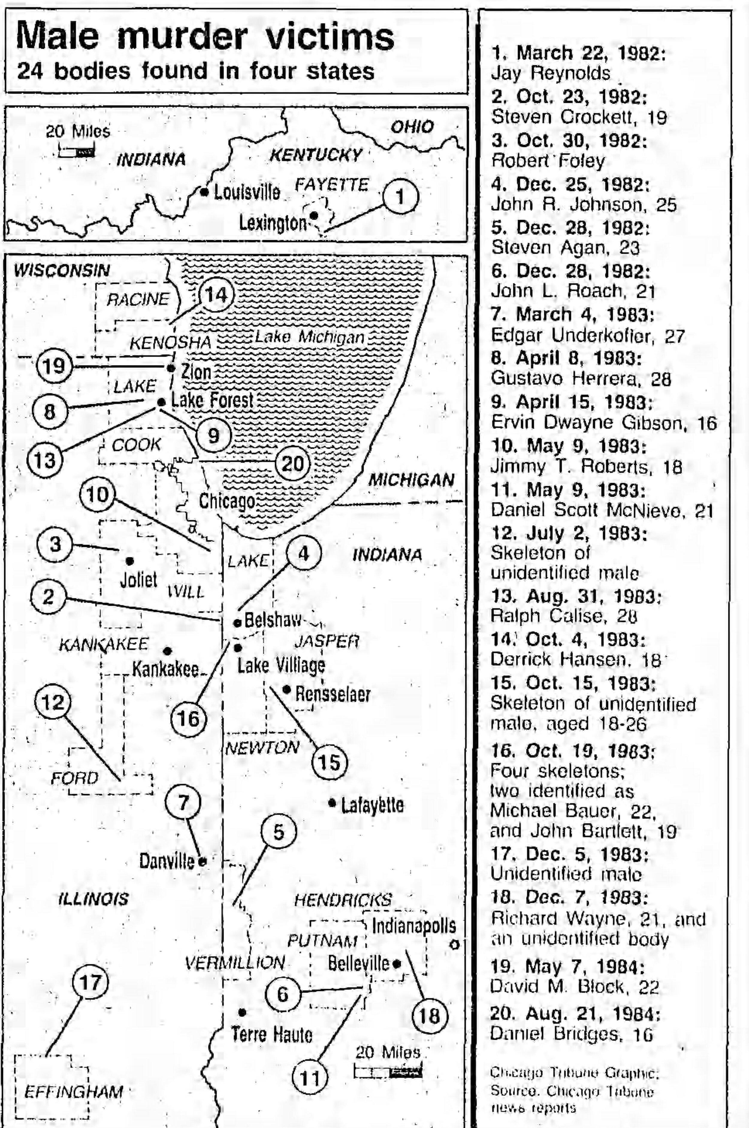  This map lists the dates and locations of when and where the bodies of Eyler’s victims were found.  Source: The Chicago Tribune, 24 Aug 1984  
