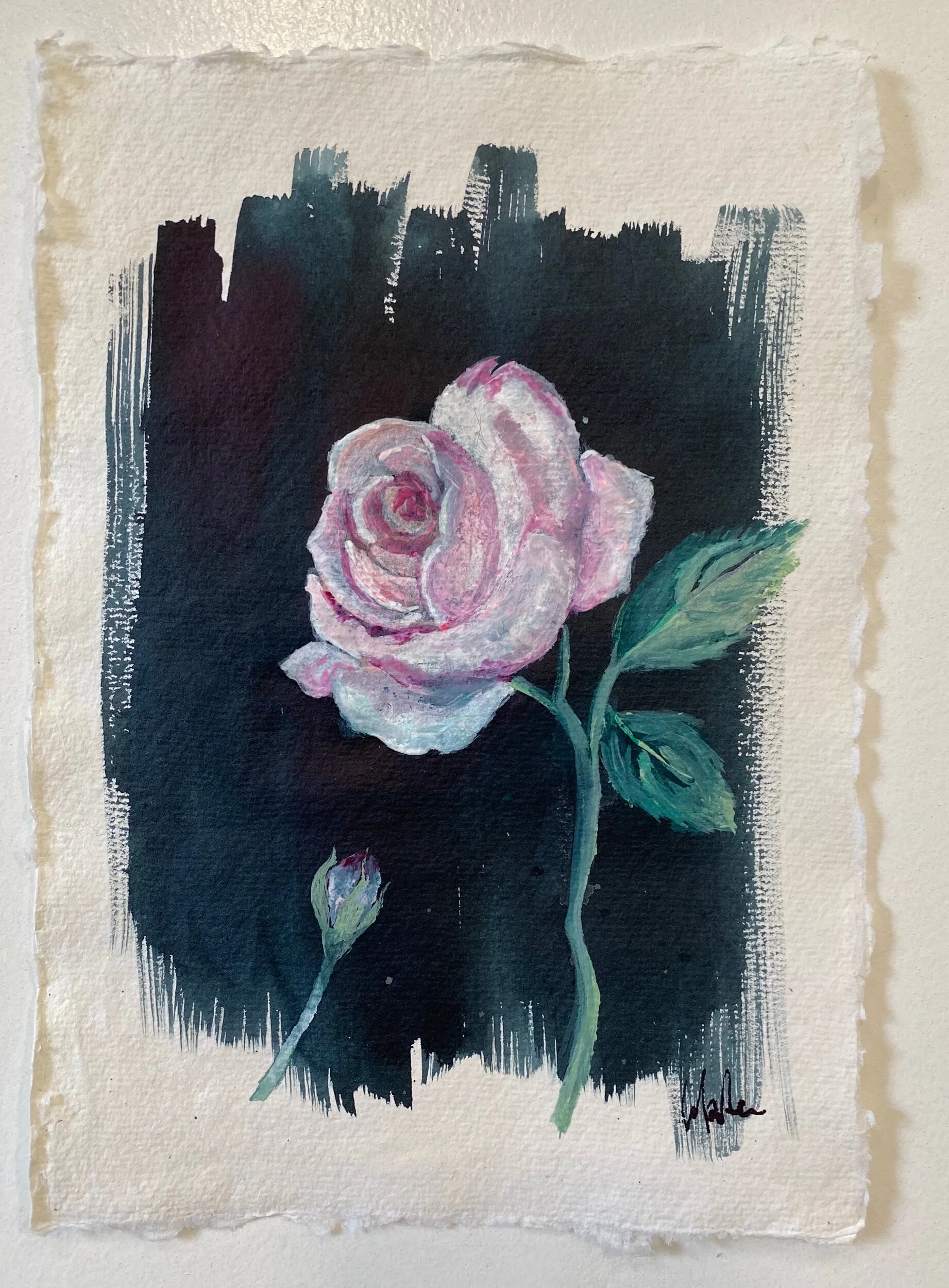 Rose: Acrylic ink on Khadi paper, 21cm x 14.5cm - SOLD - enquire to commission similar.