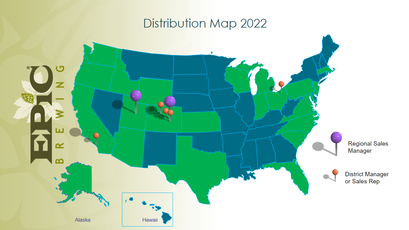 A map of Epic Brewing's distribution range.
