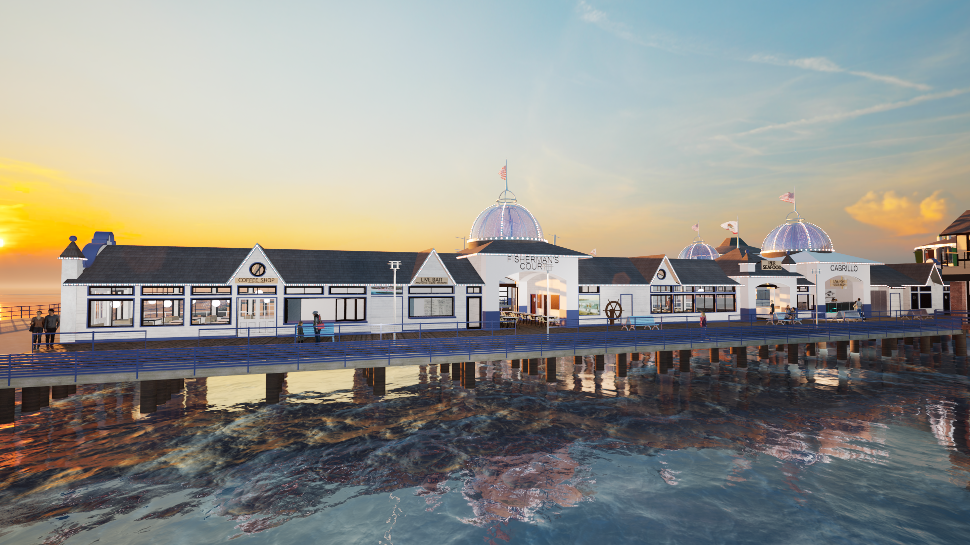 A pier at sunset with a white building featuring domed roofs and flags. The building has signs indicating a coffee shop, live bait, fisherman's court, deep seafood, and Cabrillo. People are walking along the pier, and the building is reflected in the