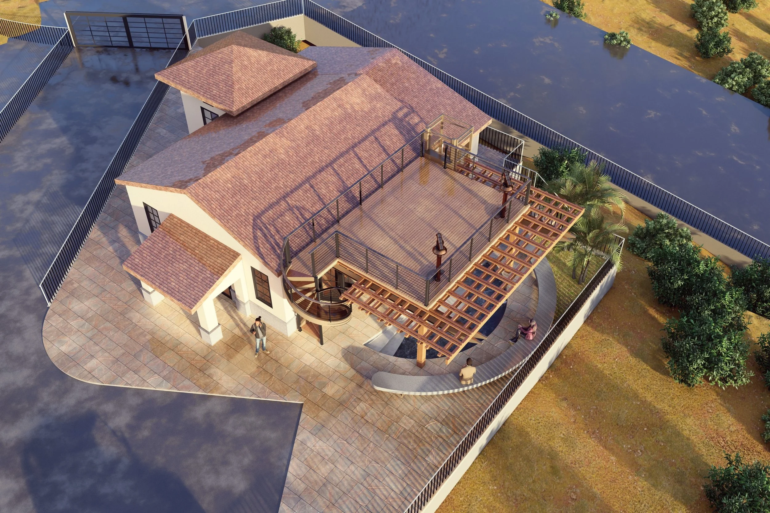 A house with a rooftop deck, surrounded by a black metal fence, featuring a spiral staircase and wooden platform, with two people and some greenery nearby.