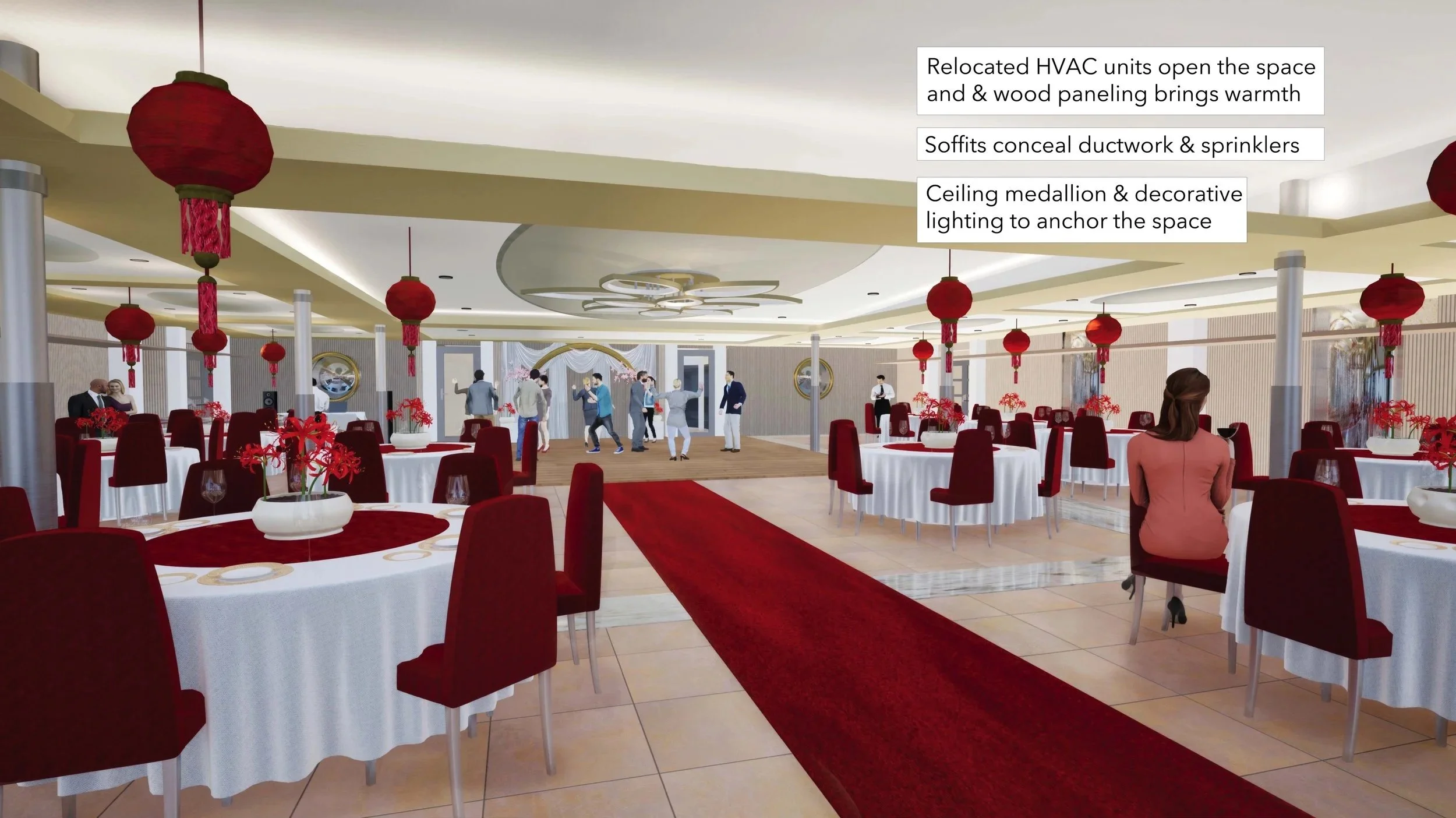 A decorated event space with round tables covered in white tablecloths and red chairs, red lanterns hanging from the ceiling, and a red carpet leading to a dance area with people dancing. The room features ceiling medallion lighting and wall decor, w