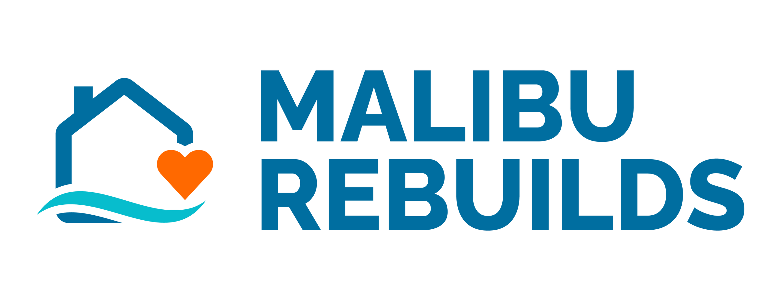 Malibu Rebuilds logo with a house outline, a heart, water waves, and the text 'Malibu Rebuilds' in blue.