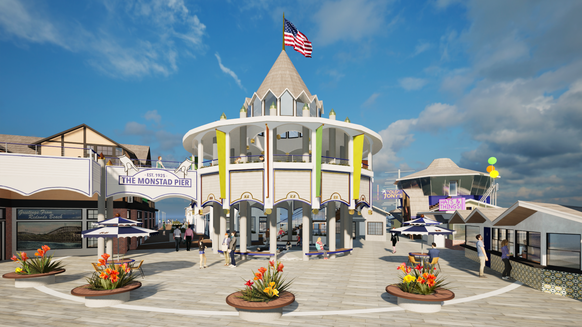 A lively pier scene with a central round building featuring a pointed roof, colorful banners, and an American flag on top. Surrounding it are shops, seating areas with umbrellas, and people walking or sitting. Bright flowers and a blue sky complete t