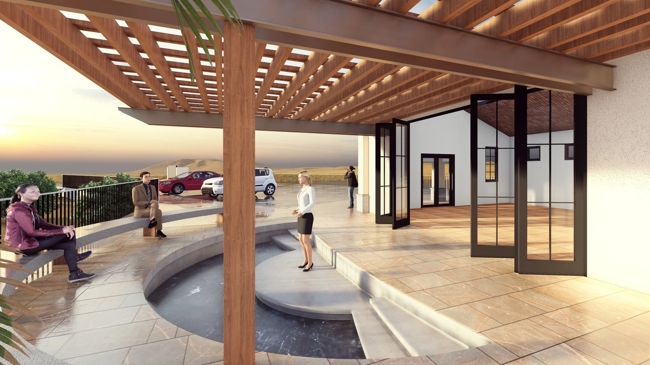 Architectural rendering of a modern outdoor terrace with wooden pergola, a water feature, and seating area, with a view of parked cars and the landscape in the background.
