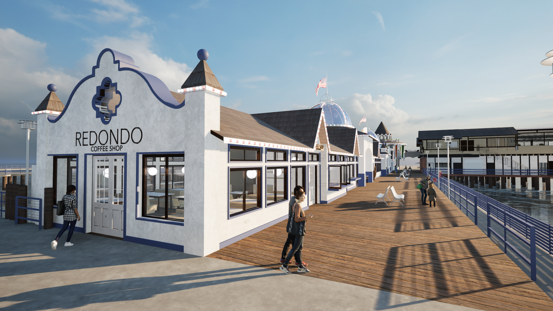 A seaside boardwalk with a white coffee shop called 'Redondo Coffee Shop' on the left side, featuring large windows and a small entrance door. The wooden walkway has a few people walking and sitting, and the ocean with docks extends to the right. The