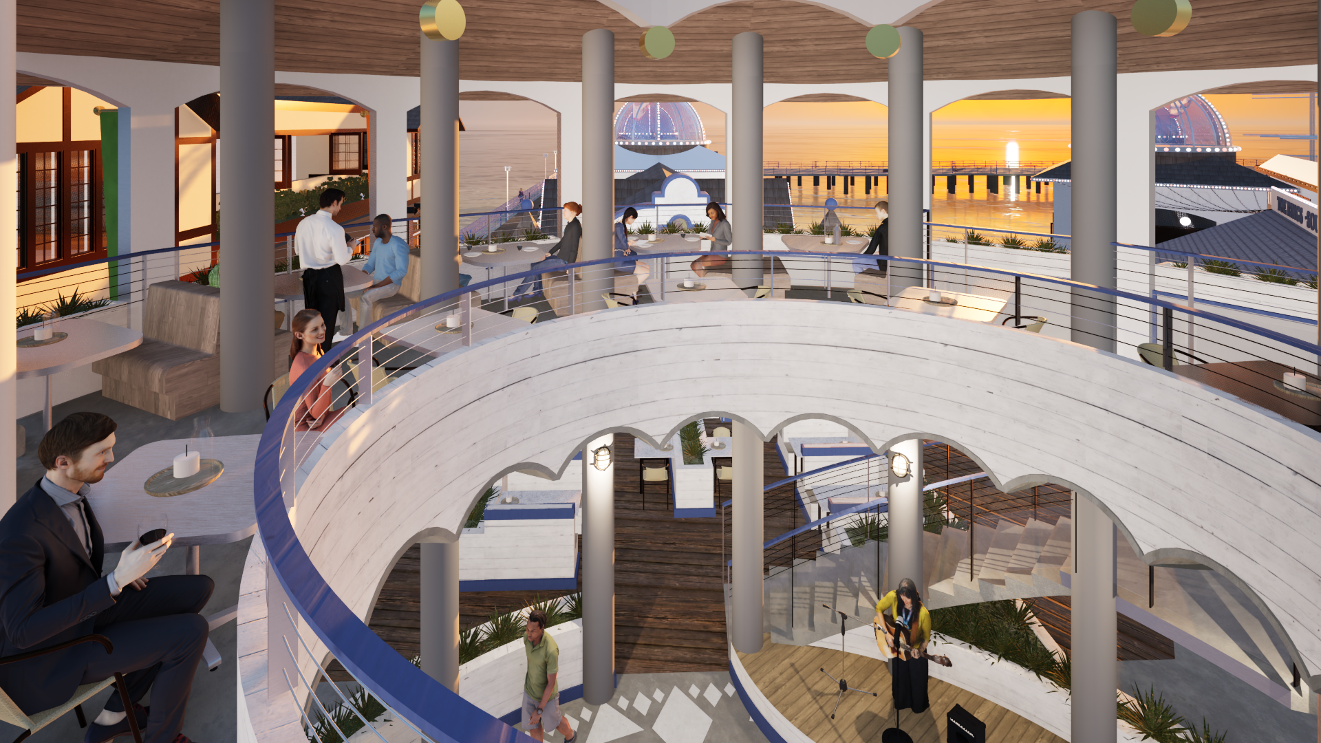 A multi-level indoor space with large windows showing a sunset over water, featuring people dining, chatting, and a musician playing guitar on a small stage.