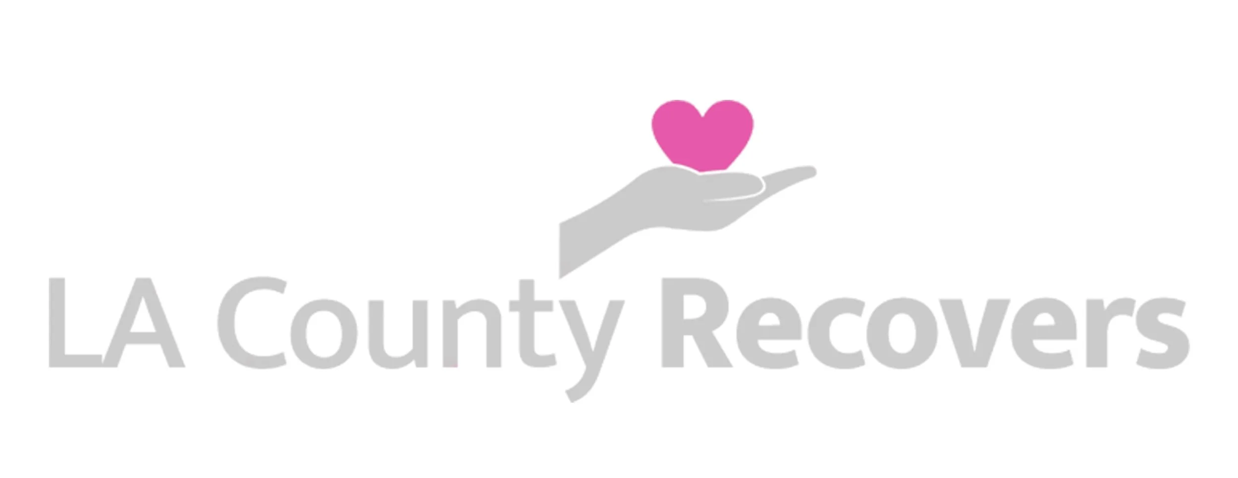 Logo of LA County Recovers, featuring a gray hand holding a pink heart above the text 'LA County Recovers' in gray.