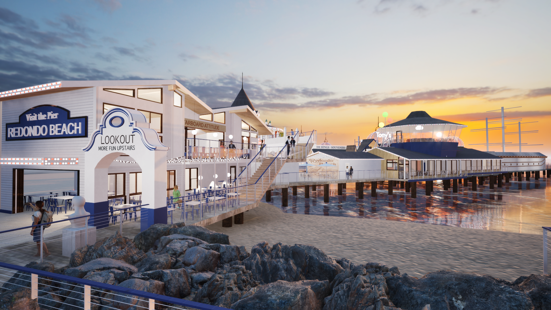 A pier at sunset with a white building labeled 'Redondo Beach' and a restaurant named 'LOOKOUT', featuring outdoor seating and a staircase, with the ocean and a boat in the background.