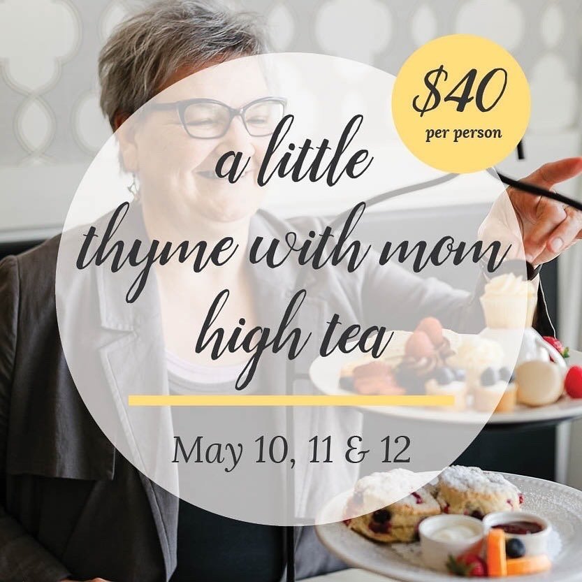 Mother&rsquo;s Day is coming, and so is our A Little Thyme with Mom High Tea!
⠀⠀⠀⠀⠀⠀⠀⠀⠀
Delectable sweet treats, like lemon thyme shortbread, lemon cheesecake tart, chocolate mousse cup; a fresh-baked cranberry scone with house-made Devonshire cream 