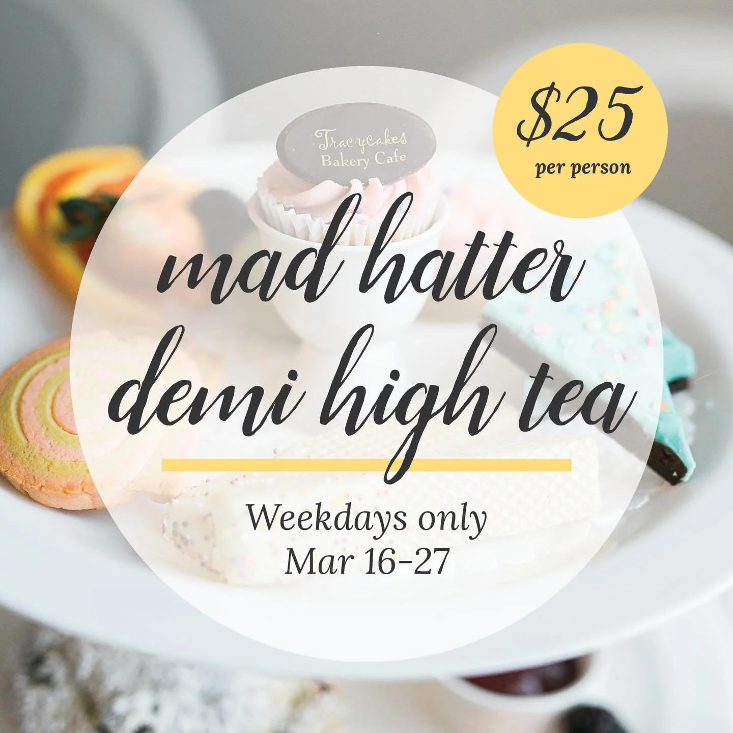 Spring break is almost here 🌷🌸
Join us for our Demi High Tea! 
A lighter version of our regular high tea. 
Sweet and savoury bites with a freshly baked scone! Served with drip coffee or loose leaf tea

Weekdays March 16-27
$25/person 
Available at 
