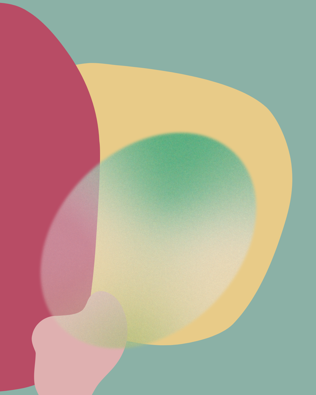 Abstract digital art with overlapping organic shapes in muted pastel colors including red, pink, green, yellow, and teal, with a soft gradient effect.