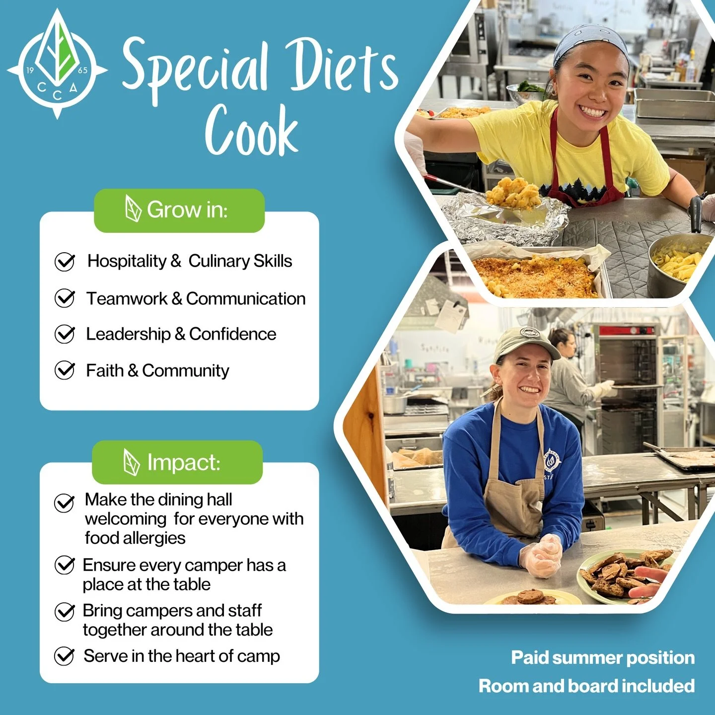 Serve in the heart of camp! Our Special Diets Cook does more than prepare meals &mdash; they make sure every camper with food allergies or dietary needs can eat safely and confidently.

Help create a dining hall where everyone feels cared for and has