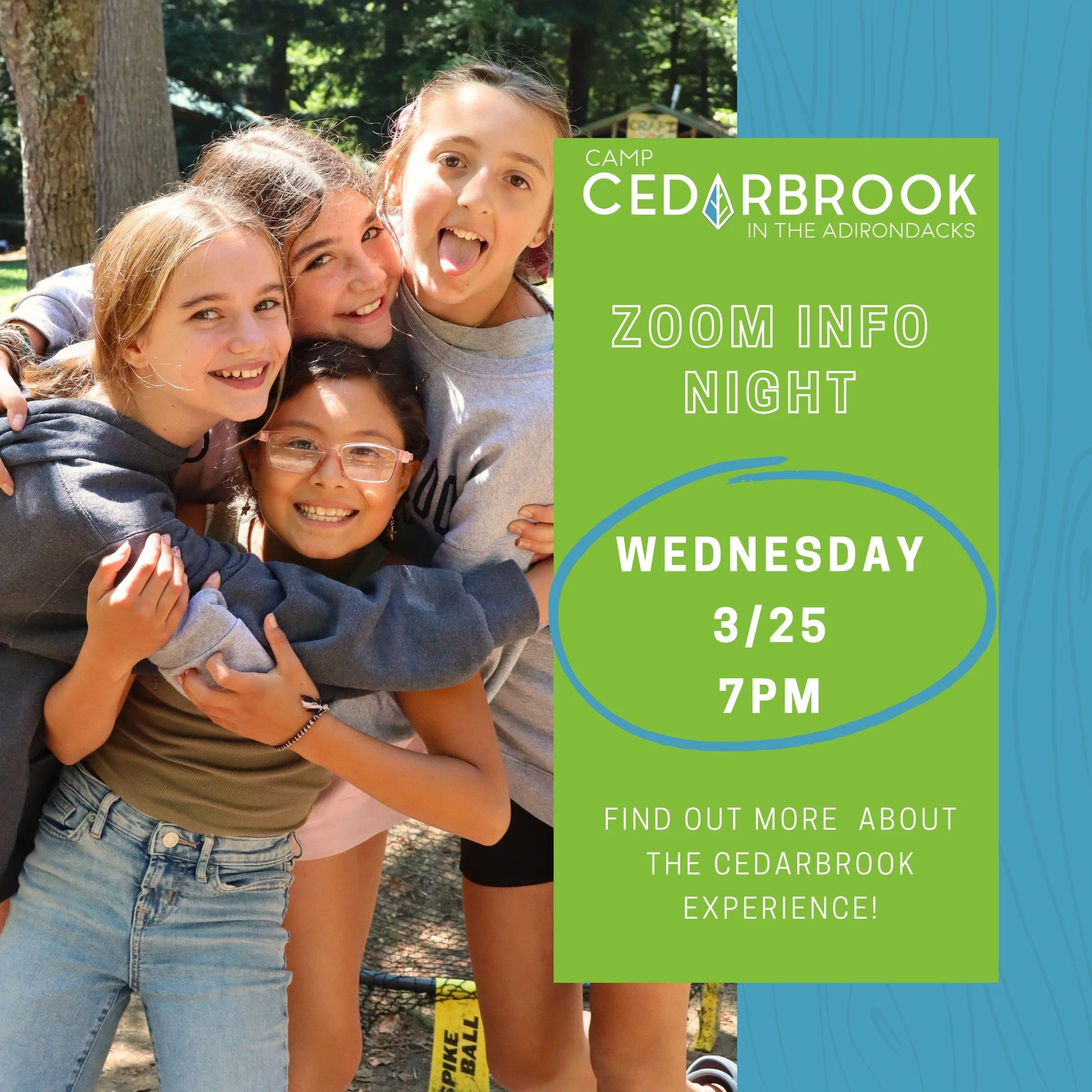Tomorrow at 7PM! 🏕️
Looking for the right summer camp for your daughter? New to Cedarbrook? Join us on Zoom to learn more about why Cedarbrook is a place where every girl belongs! 
Link in our bio.