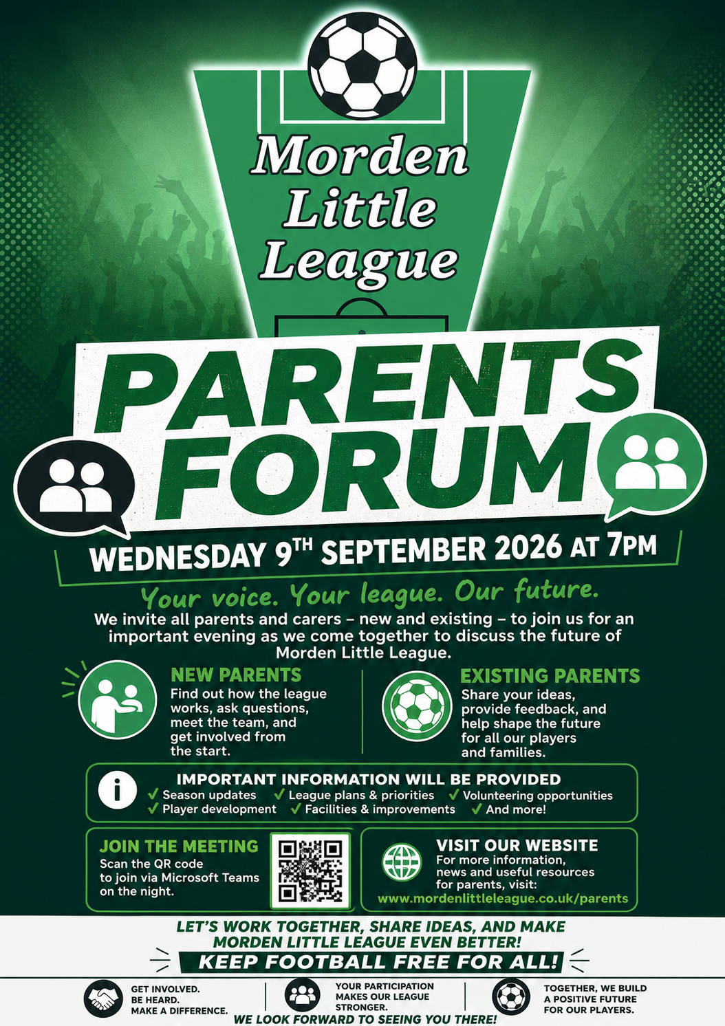 Poster for Morden Little League Parents Forum on September 9, 2026, at 7 PM, featuring a green background with a soccer ball, sports field, and crowd silhouettes. Includes event details, participation instructions, and website information.