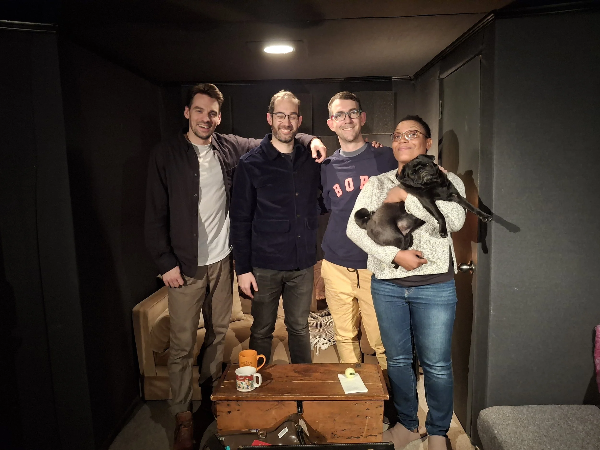 Me (Tenor Sax not pictured) and my horn section from Julián -- James Ervin (Trumpet), Karl Silveira (Trombone), and Micajah Sturgess (French Horn), and of course, Radio the pug.