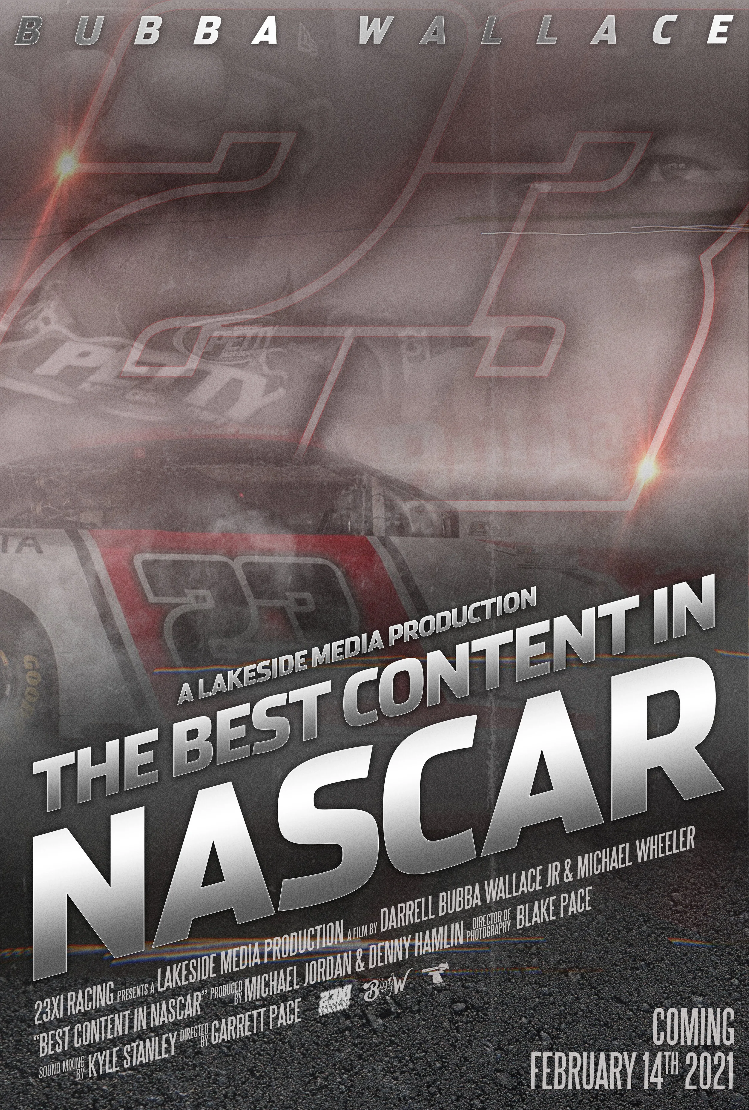 A promotional poster for a film titled "The Best Content in NASCAR," starring Darrell Bubba Wallace Jr. and Michael Wheeler. The poster features a racing scene with smoke and a car, along with information about the film's release date, February 14th,