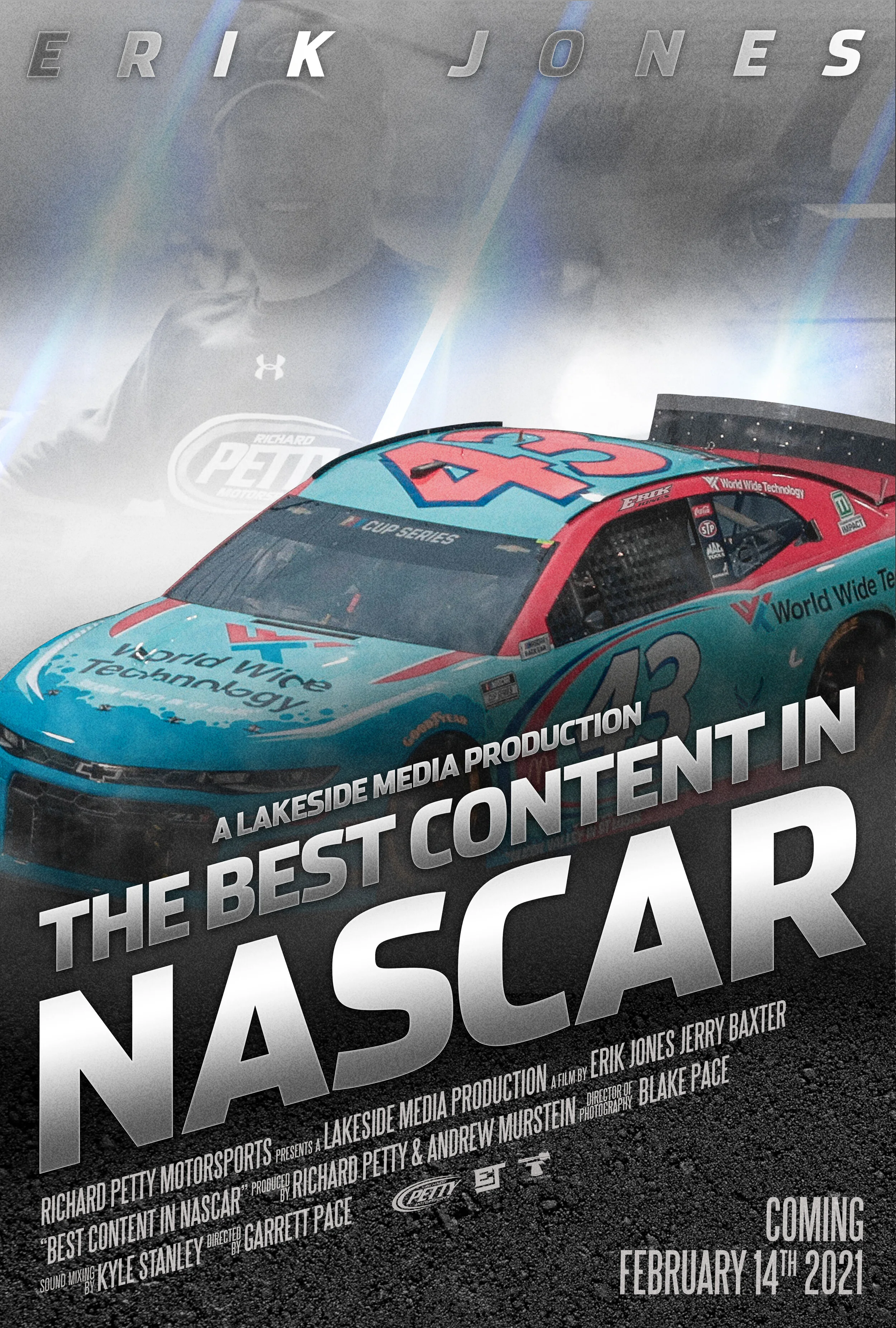 Promotional poster for a NASCAR documentary featuring a race car with Richard Petty and other sponsors. The poster highlights the film's release date of February 14, 2021, and mentions the director Garrett Pace, producers Richard Petty and Andrew Mur