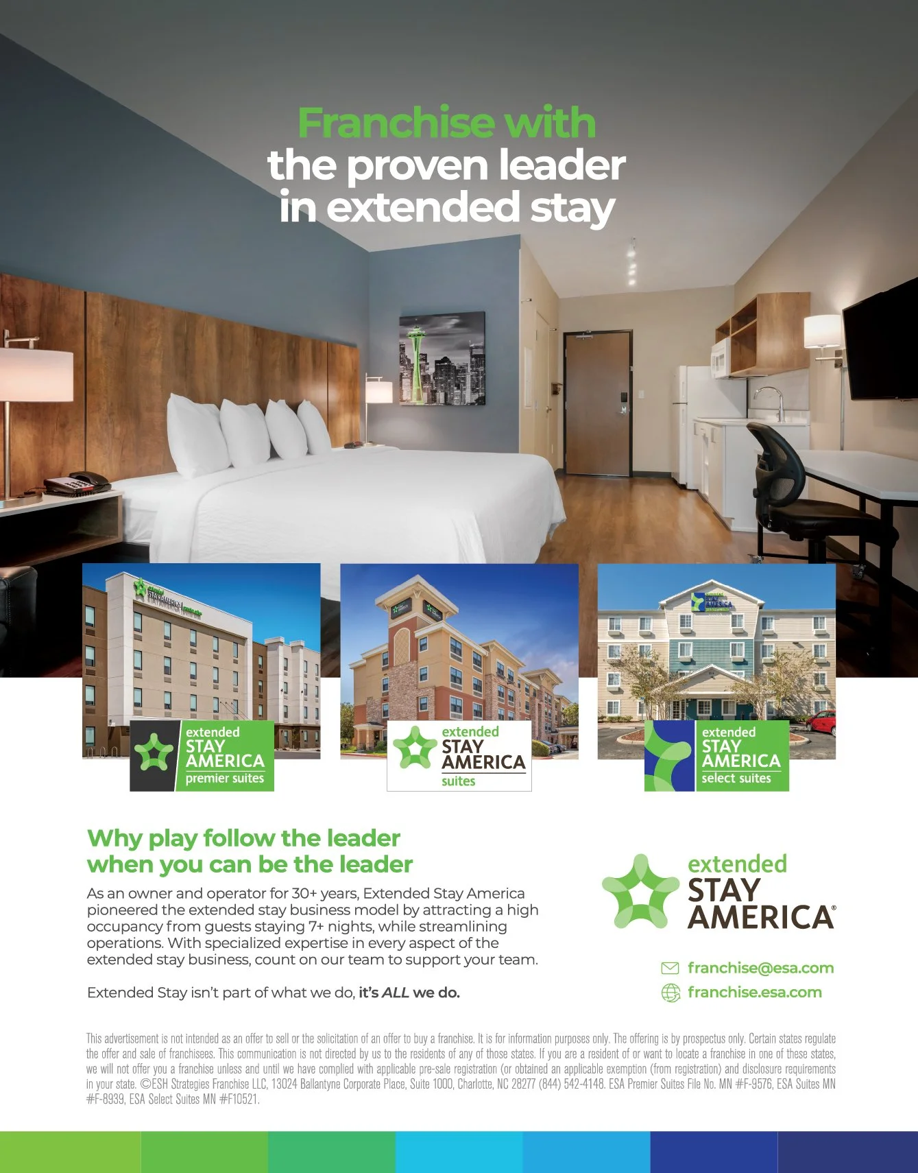 An advertisement for Extended Stay America featuring a comfortable hotel room with a large bed, bedside lamps, a painting on the wall, a hallway with a door, a kitchenette with appliances, a desk with a chair, and three images of different Extended Stay America hotel buildings at the bottom. The ad emphasizes the benefits of staying longer and the company's experience.