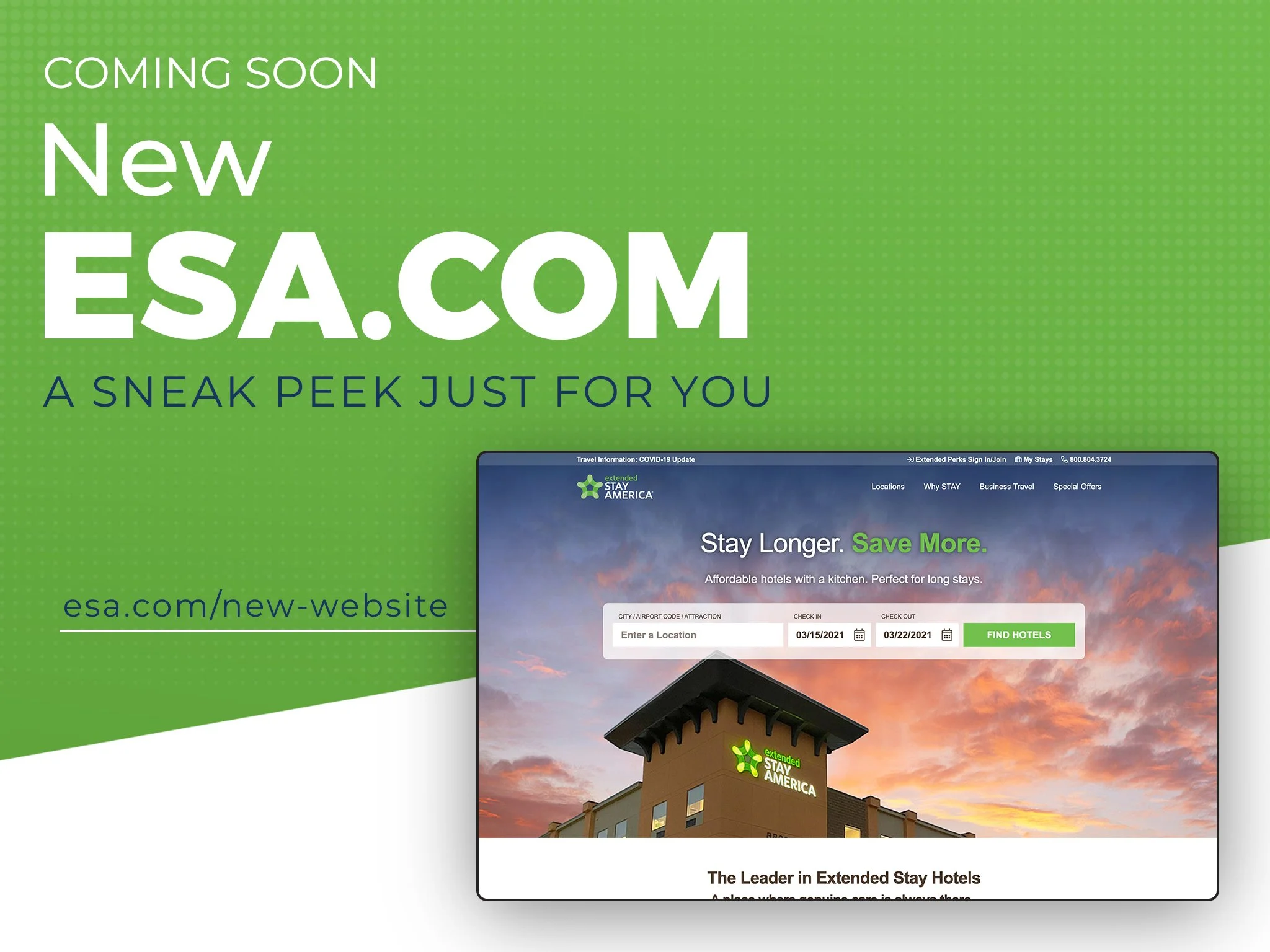 A digital advertisement for extended stay hotels in the United States, announcing a new website with a green background, large white text saying 'Coming Soon,' 'New,' and 'ESA.COM,' and a tagline 'A Sneak Peek Just for You.' The image also shows part of a hotel building with an extended stay America sign and a sunset sky.