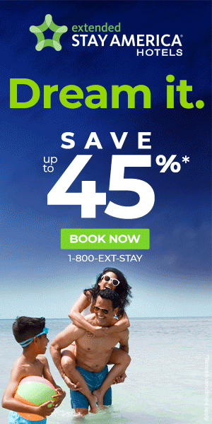 Advertisement for Extended Stay America Hotels offering up to 45% off with a call to action to book now, featuring a family playing at the beach.