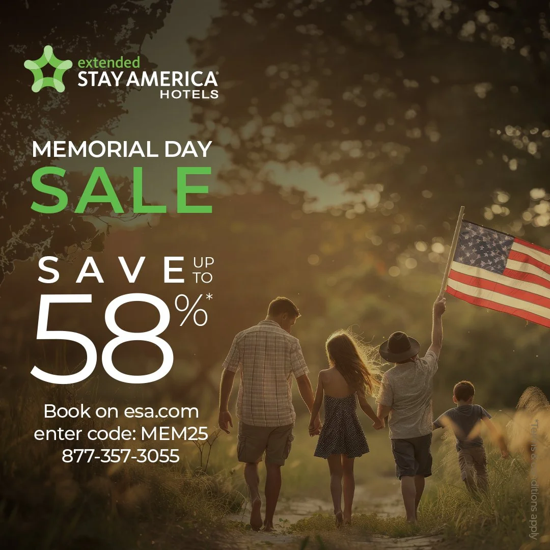 A family holding hands walking outdoors during sunset with one person holding an American flag, overlaid with promotional text for a Memorial Day sale at Stay America Hotels, offering up to 58% off with booking details.