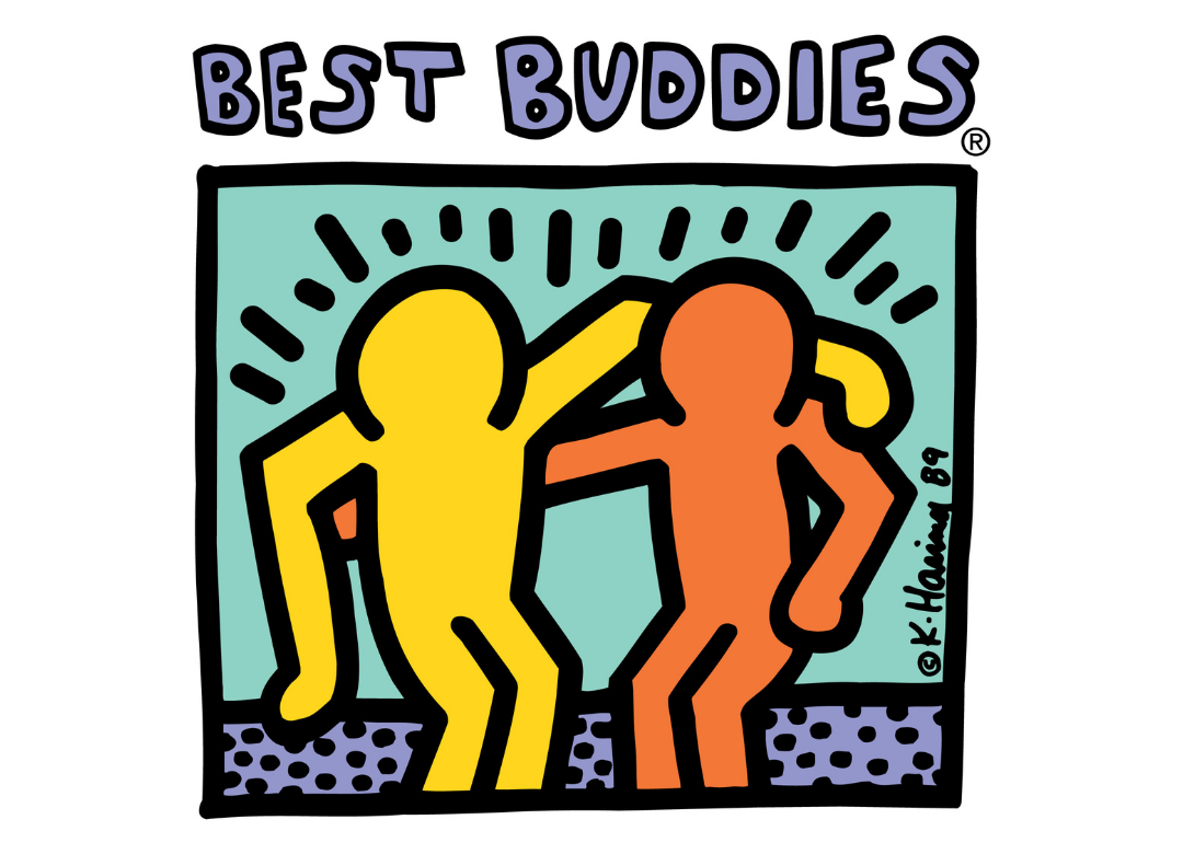 Colorful illustration of two cartoon people giving high-fives, with the text "Best Buddies" at the top.