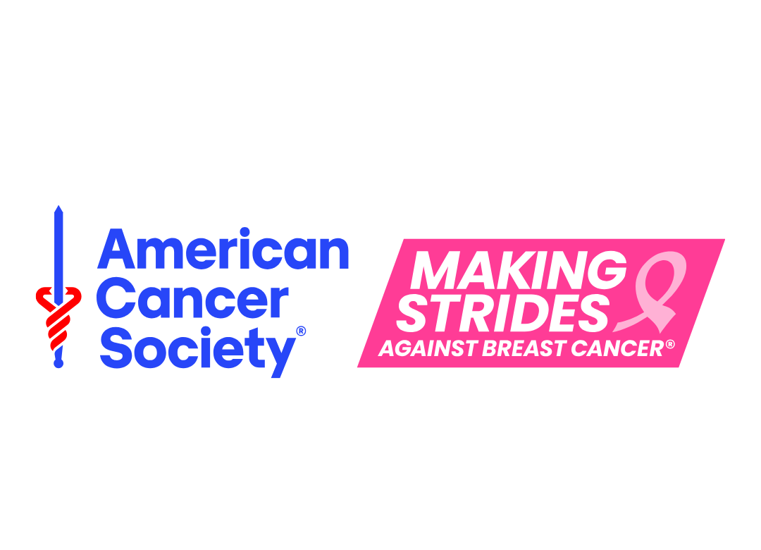 Logo for American Cancer Society with pink ribbon and text indicating 'Making Strides Against Breast Cancer'