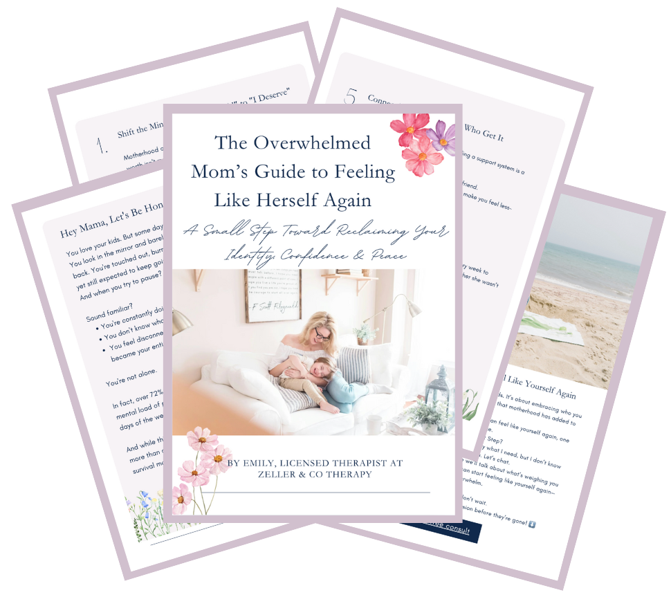 Pamphlet titled "The Overwhelmed Mom's Guide to Feeling Like Herself Again" with subtitle "A Small Step Toward Reclaiming Your Identity, Confidence & Peace," featuring a photo of a mother holding her baby on a white sofa, with pink and purple floral graphics, by Emily, licensed therapist at Zeller & Co Therapy.
