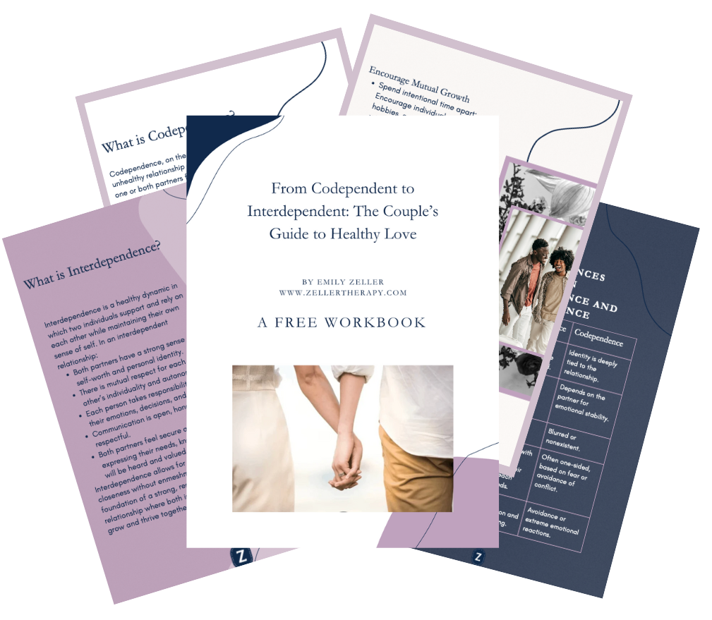 Open workbook titled "From Codependent to Interdependent: The Couple's Guide to Healthy Love" by Emily Zeller, with covers showing images of couples holding hands, and pages discussing relationship concepts like interdependence, codependence, and healthy love.