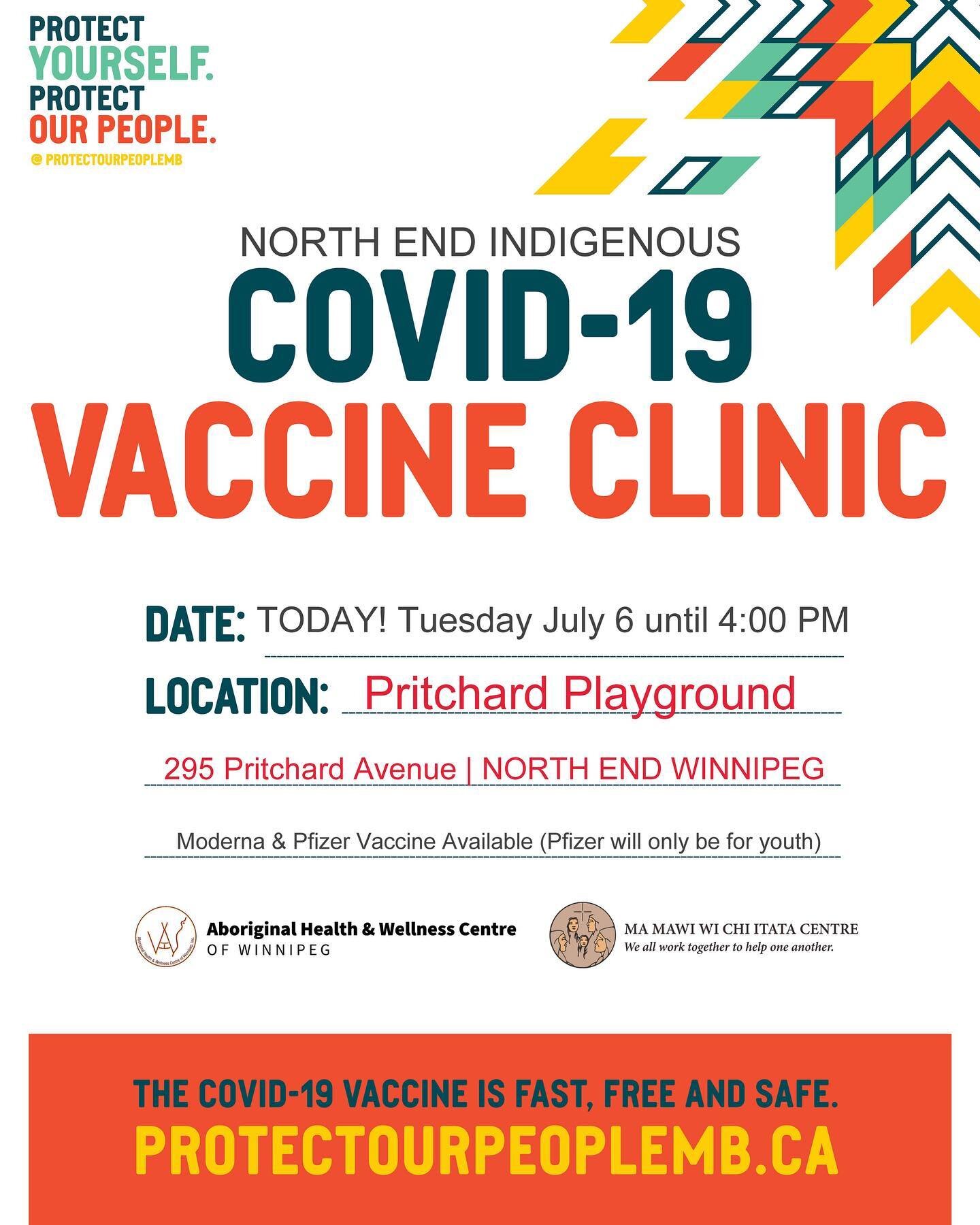 NORTH END FRIENDS!

Tuesday July 6, TODAY until 4 PM!

William Whyte/North End residents are welcome to come to the mobile vaccination clinic at Pritchard Playground until 4 PM. 

Aboriginal Health and Wellness and @ma_mawi staff are on site to suppo