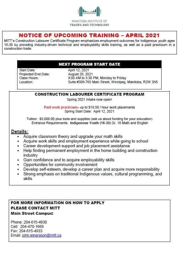 Training Opportunity: MITT Construction Labourer Certificate Program