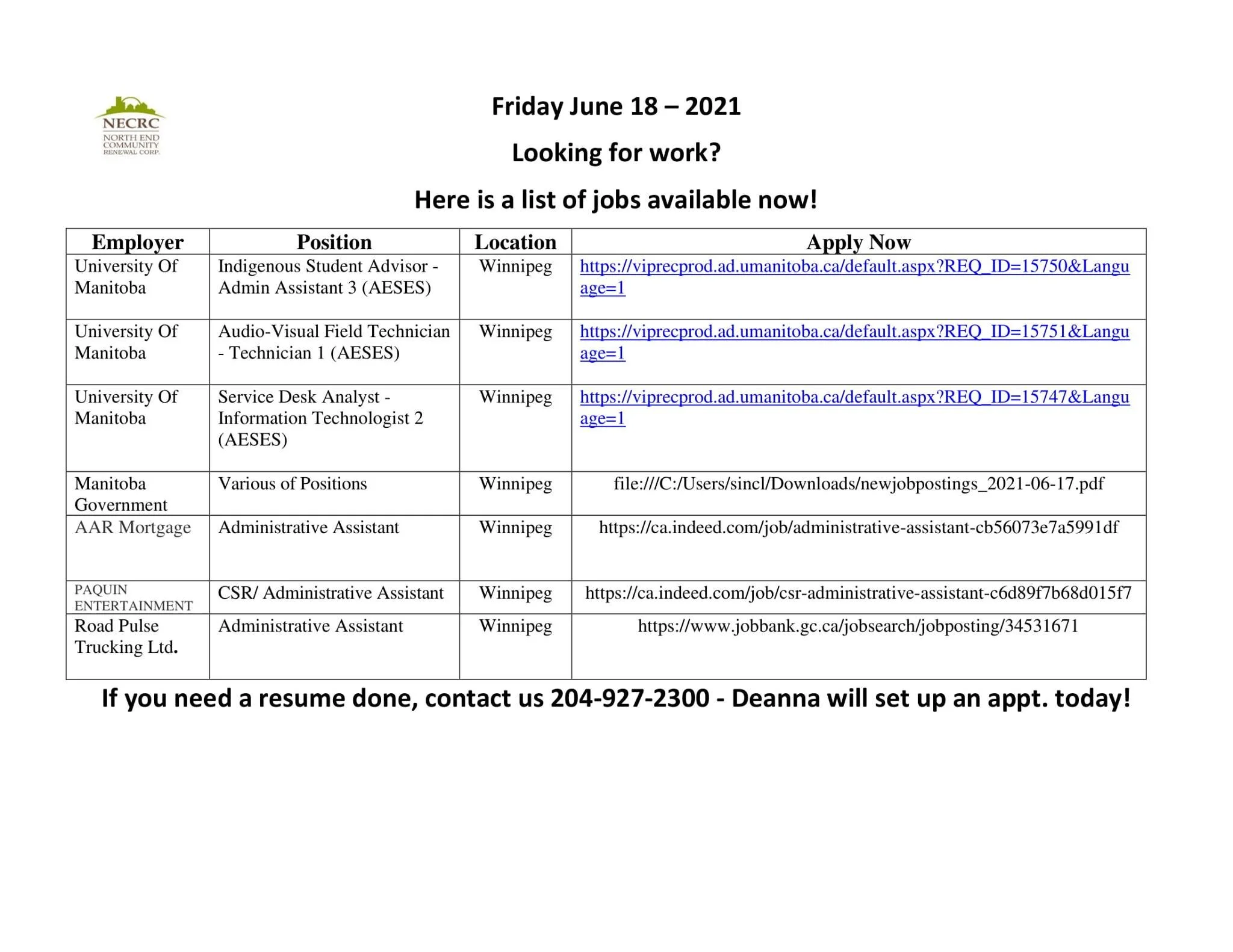 Current employment opportunities and support for NECRC