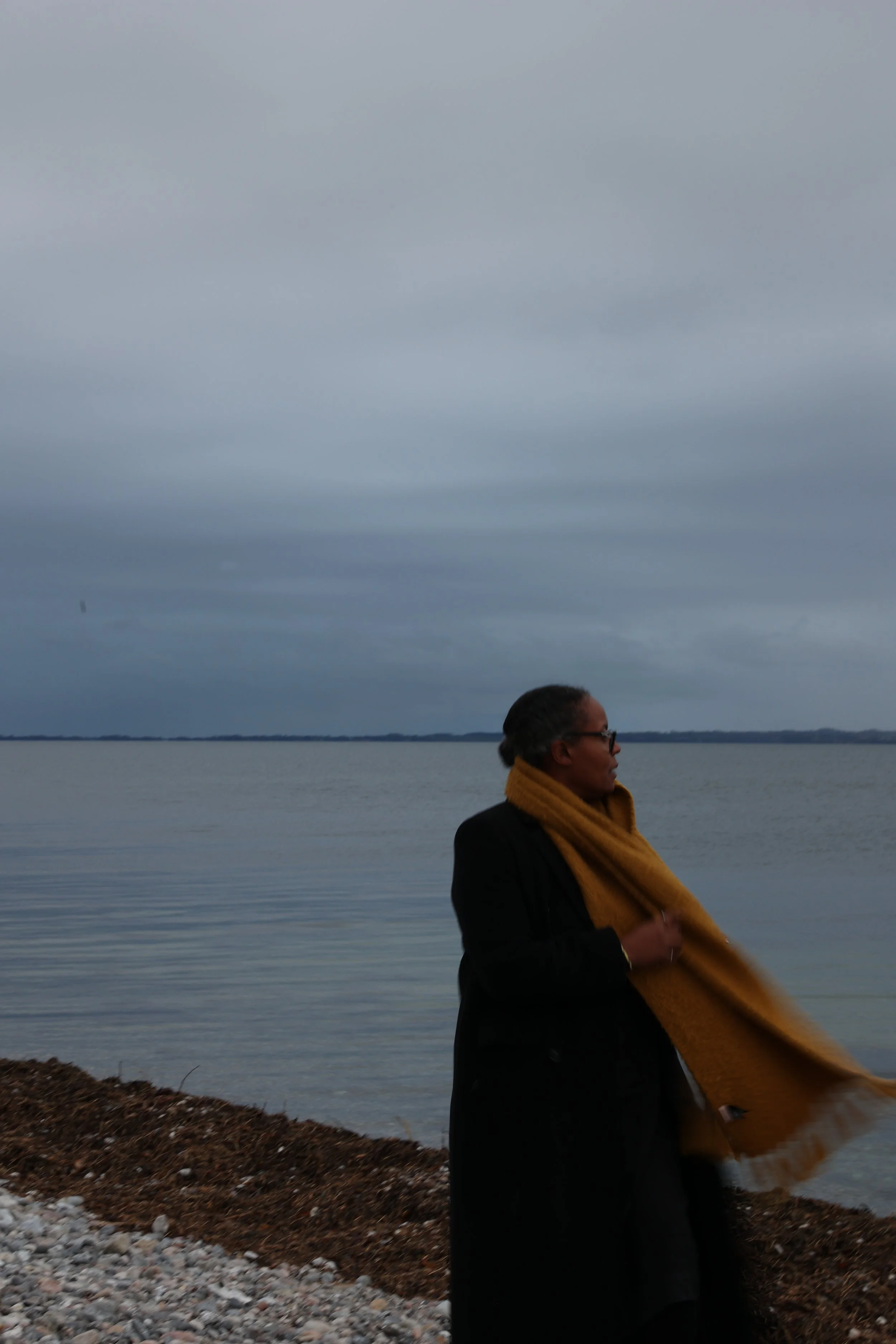 A person in black clothing and glasses walking along a pebbled shoreline with a body of water and cloudy sky in the background, wearing a mustard yellow scarf.