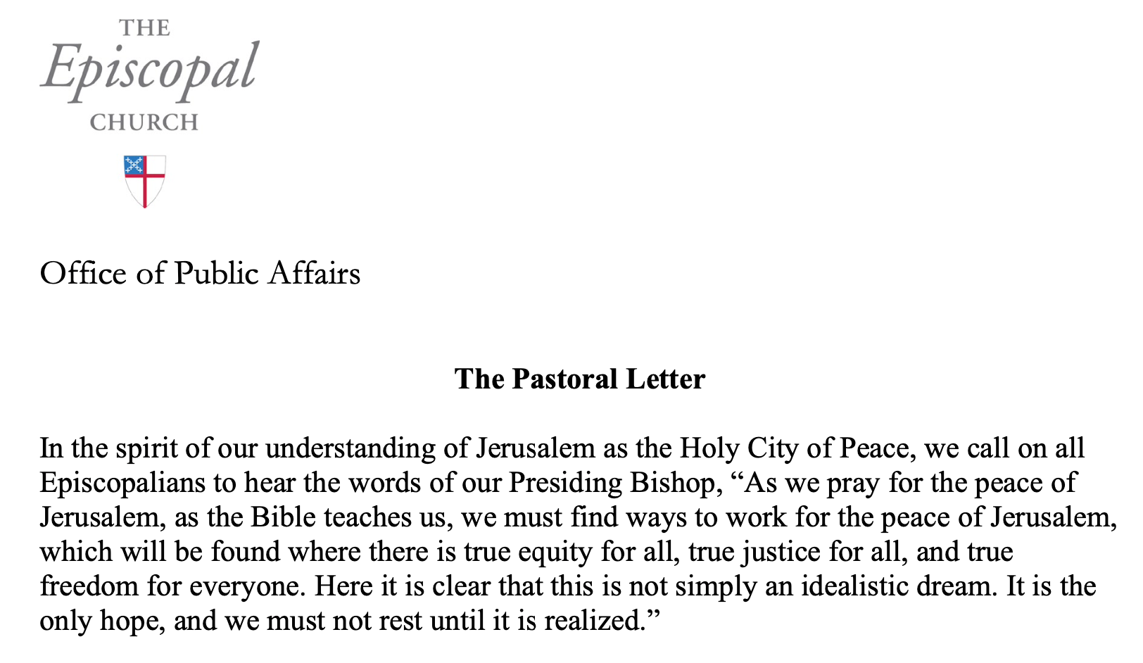 House of Bishops Issues a Pastoral Letter 