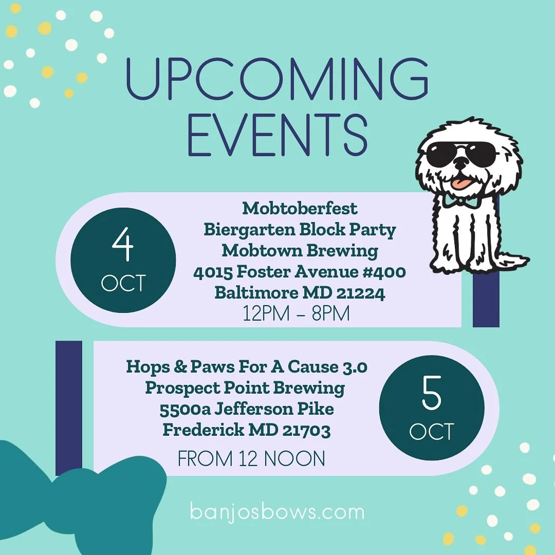 Upcoming Events! 
Mark Your Calendars, Paw-rents!
Banjo&rsquo;s got a busy tail-wagging schedule ahead starting this weekend! 🎉

📅 Upcoming Events:
🎃 Howloween Collection Launch Oct 2nd @ 11am
🍺 Mobtoberfest @mobtownbrewing Oct 4th @ 12pm
🍺 Hops