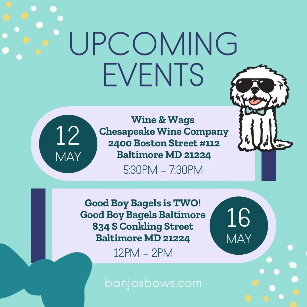 Upcoming Events this week! 
Can&rsquo;t wait to see you! 🤩

Tuesday May 12th 5:30pm-7:30pm @chesapeakewineco alongside our wonderful friends @dogsofcharmcity for Wine &amp; Wags! 🍷🥂 

Saturday May 16th 12pm-2pm @goodboybagelsbaltimore celebrating 