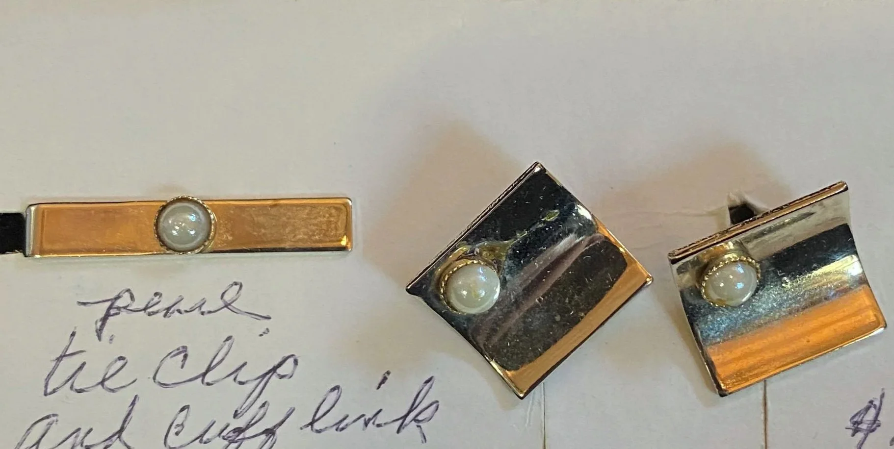 Brass-toned Pearl Cufflinks and Tie Clip