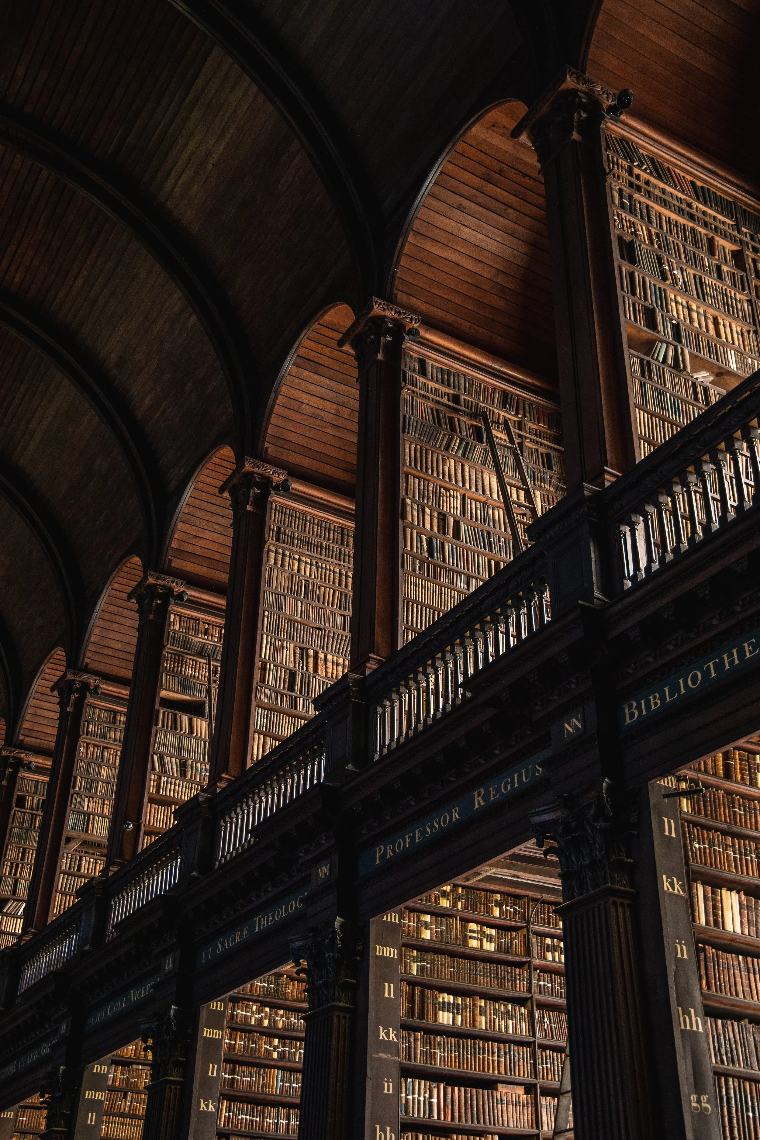Interior of a historic library with tall wooden bookshelves, intricate columns, and a vaulted wooden ceiling.