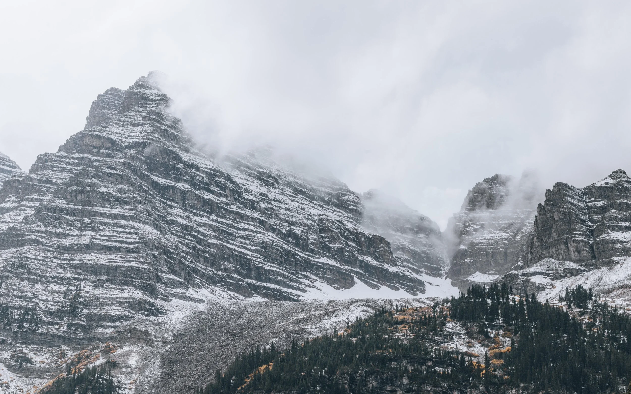 Snow-capped mountain peaks with fog and sparse trees on the lower slopes.