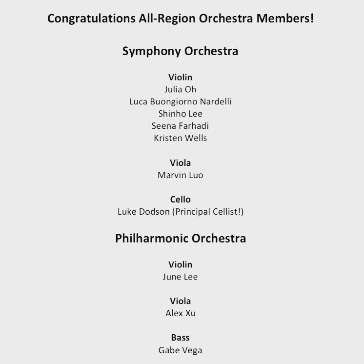 Congrats to these Marcus Orchestra students who auditioned into one of this year&rsquo;s Region Orchestras! We are so proud of you!