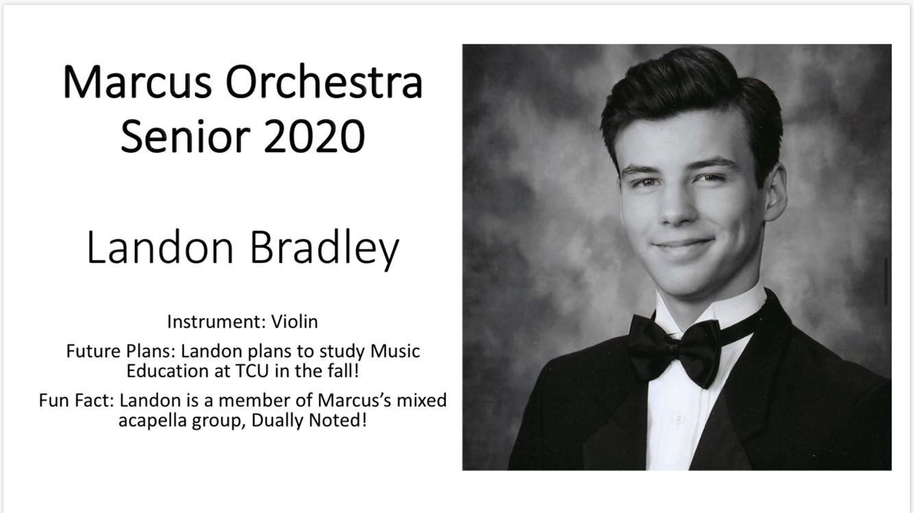 ‪Our Marcus Orchestra senior of the day is Landon Bradley! 🎻🎼‬