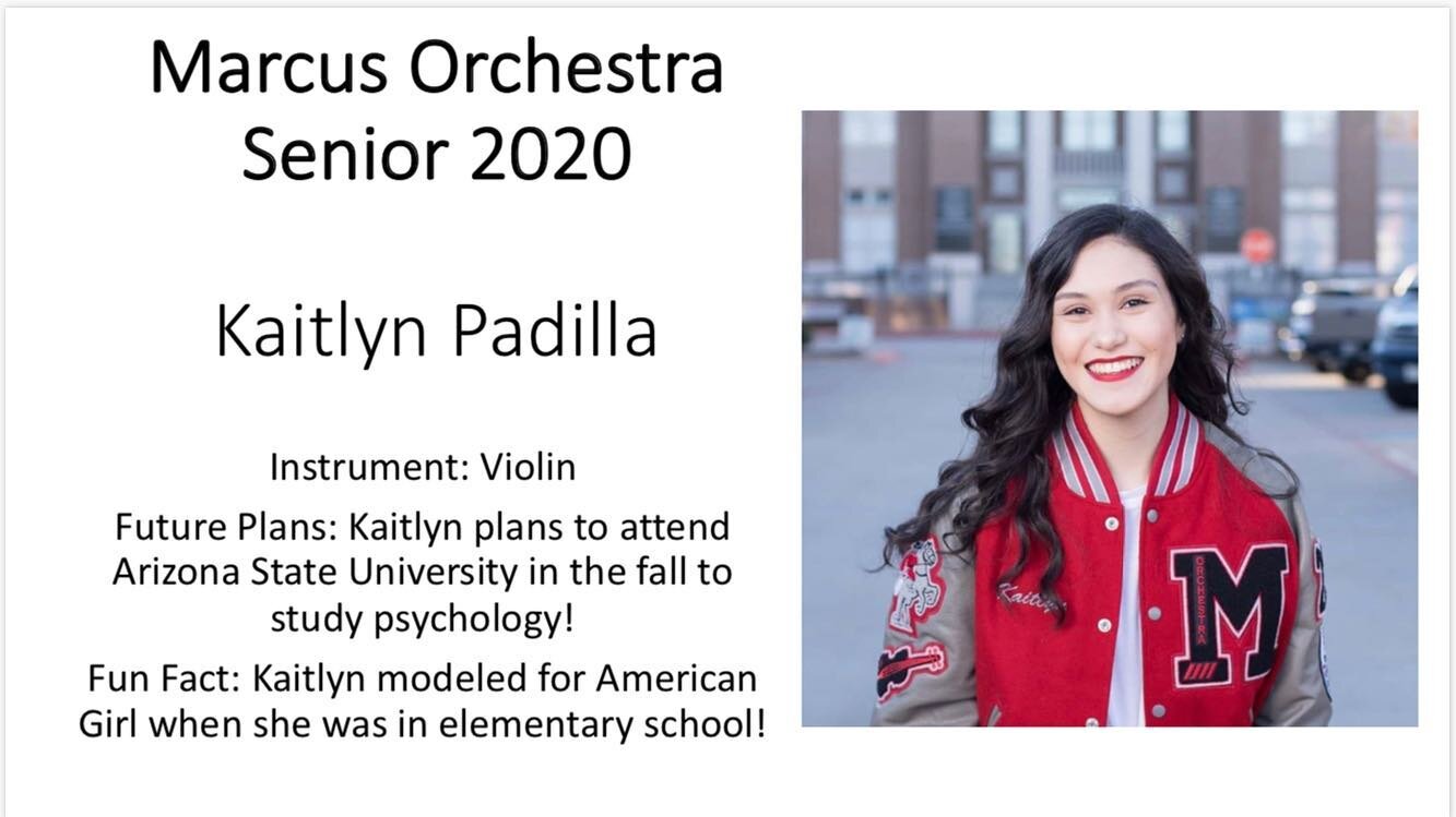 Our Marcus Orchestra senior of the day is Kaitlyn Padilla! 🎼🎻
