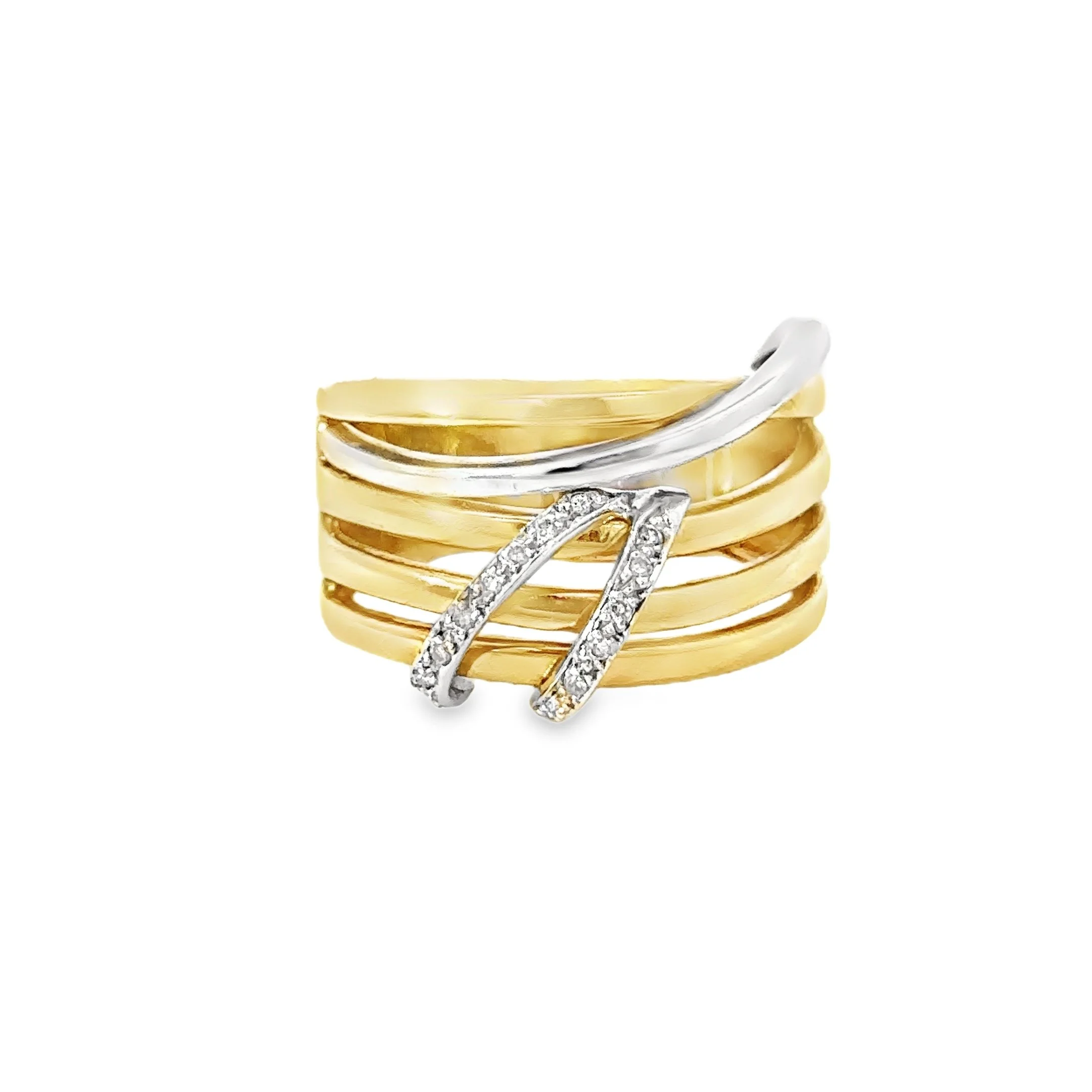 A multi-band ring featuring gold, silver, and diamond accents with curved and overlapping designs.