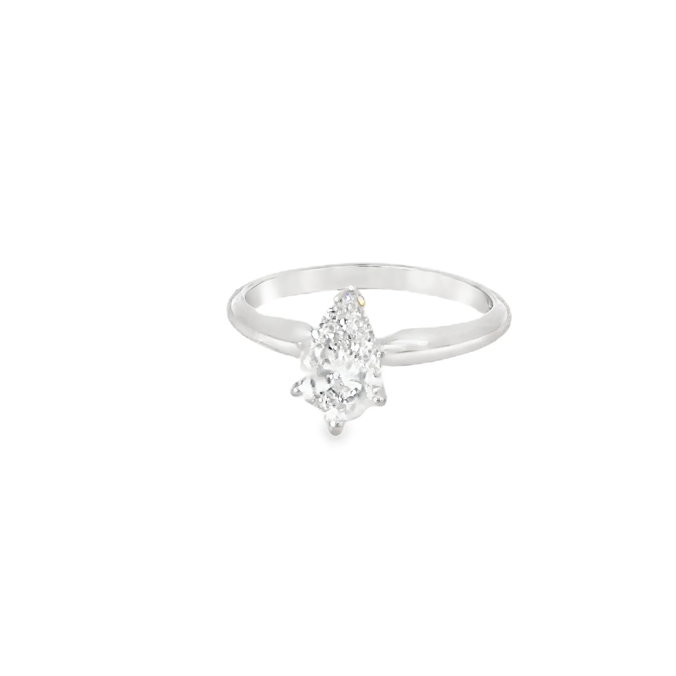 Silver ring with a marquise-shaped cluster of small diamonds in a vertical orientation.