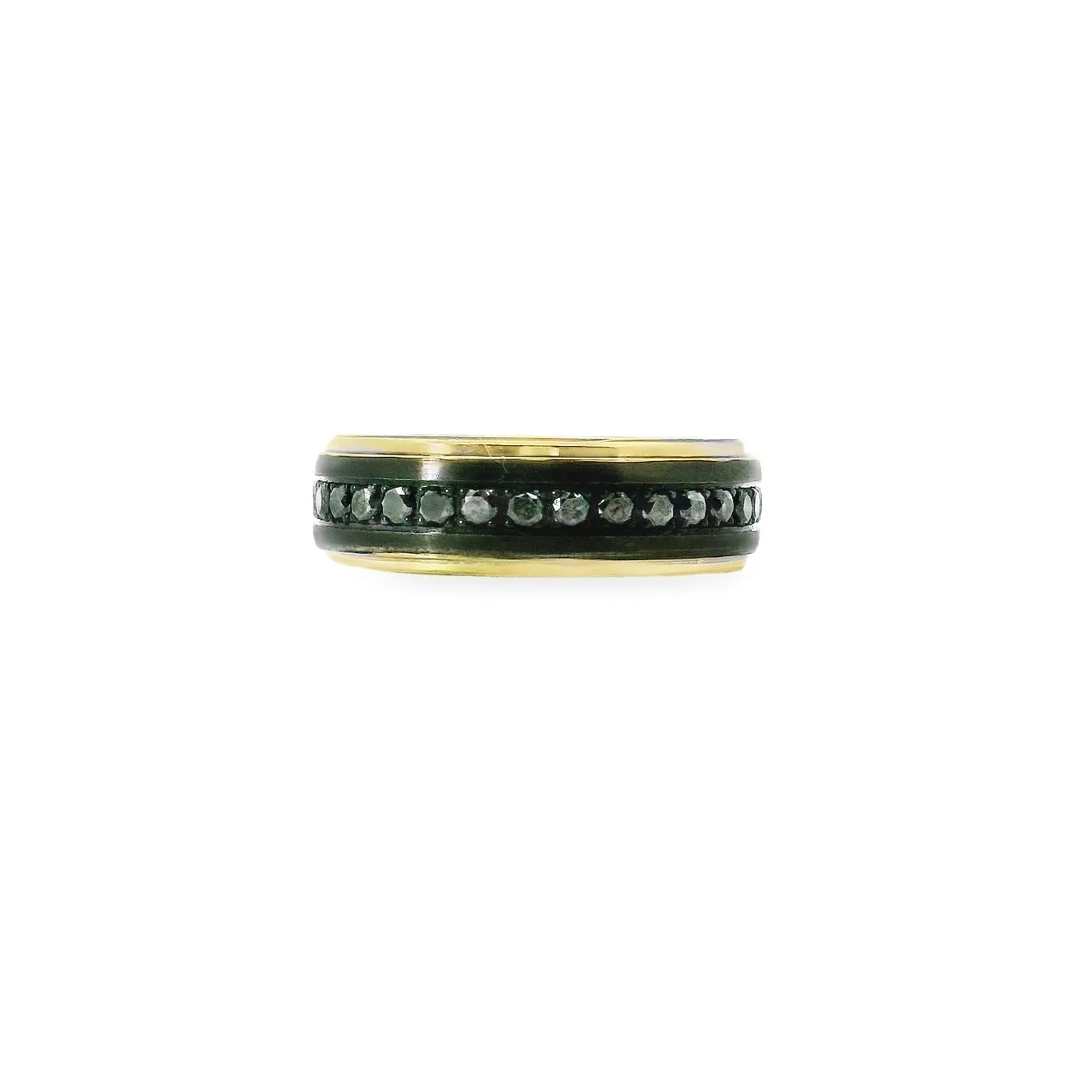 A ring with black stones set in a black and gold band.