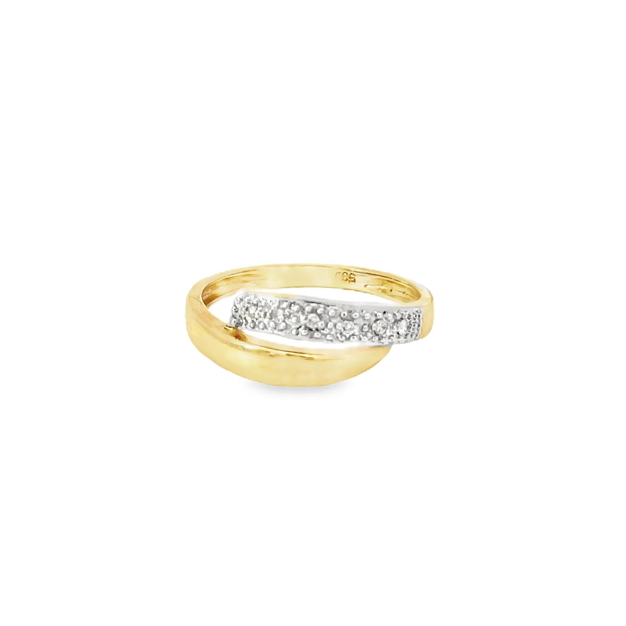 Gold ring with a curved band of small diamonds or rhinestones on a white background.