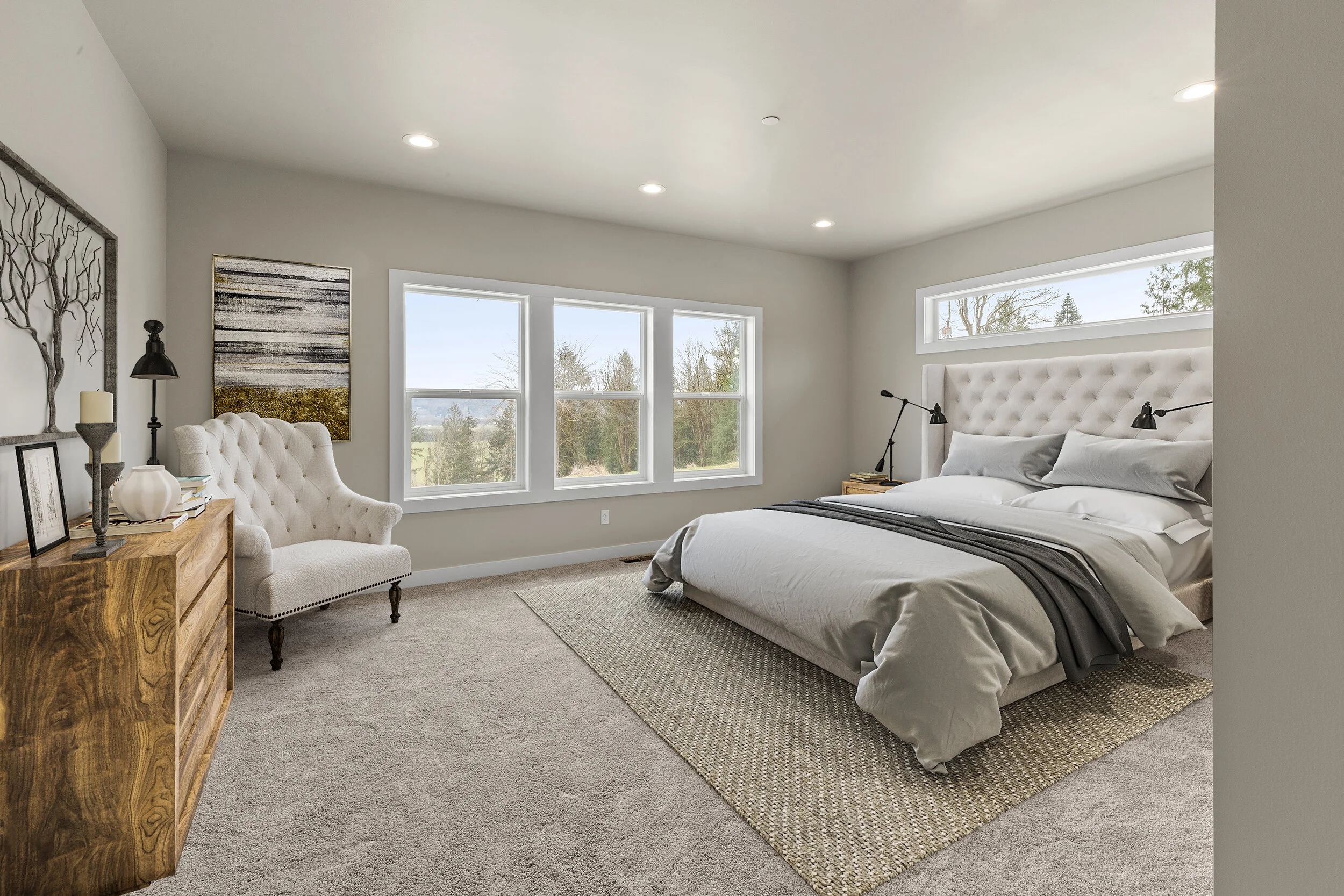 A modern bedroom with a white bedspread, a plush chair and natural wood finishes, natural wood dresser view outside the window on a hill of the mountains, this is a marketing photo for VIRTUAL staging service