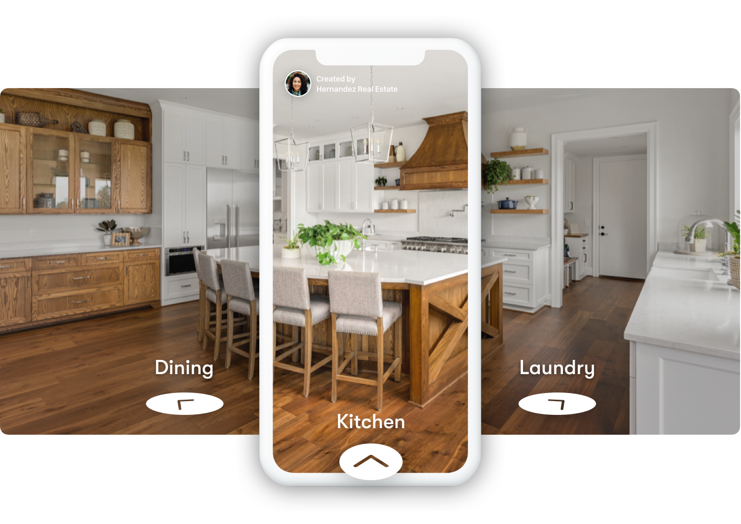 A marketing photo provided by Zillow of a phone and what it would look like for a virtual tour service, the photo is of a kitchen with directional arrows to indicate that people can click on them and view the home virtually