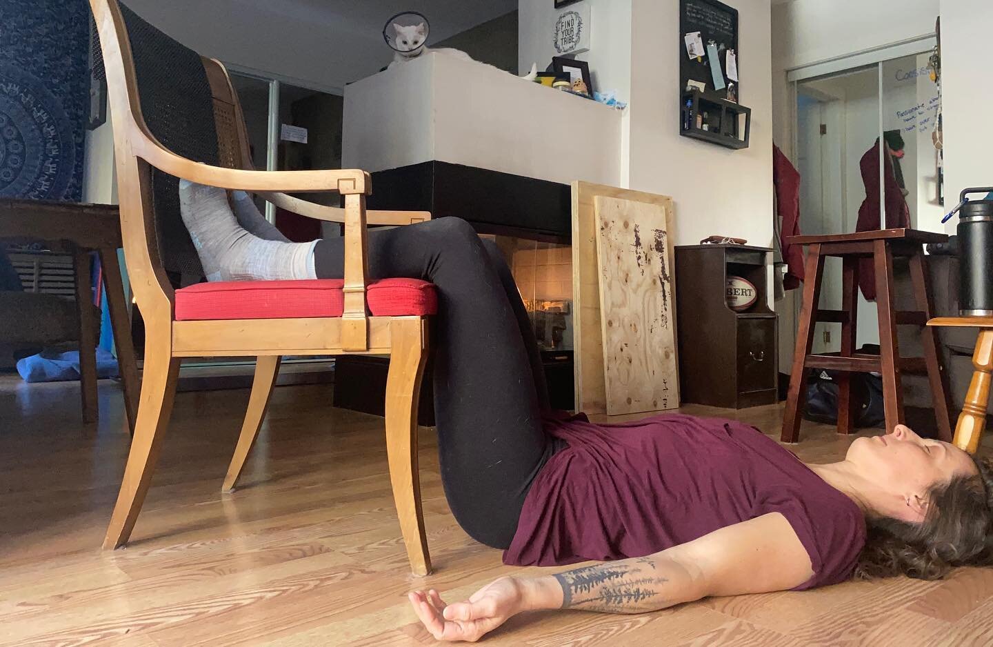 Let&rsquo;s play a little game....

Eye spy with my little eye something that is cute... can you spot the cat? 🐈 

Ok, now on to why I&rsquo;m laying like this...

I lay in this position for 2 reasons:

1) Let gravity take over my physical body.
2) 